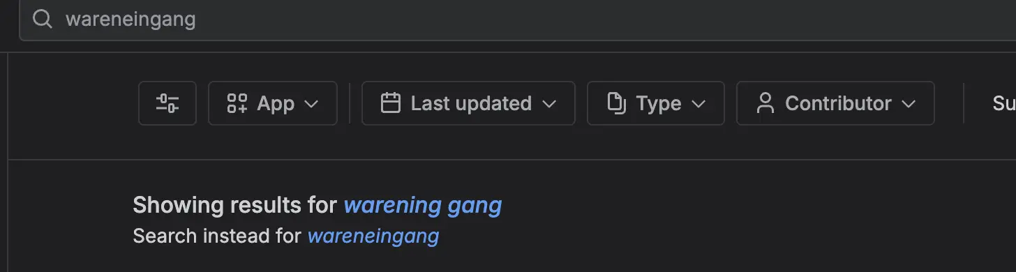 Example of Confluence search for Wareneingang - Confluence changed search to Waren Eingang and found nothing